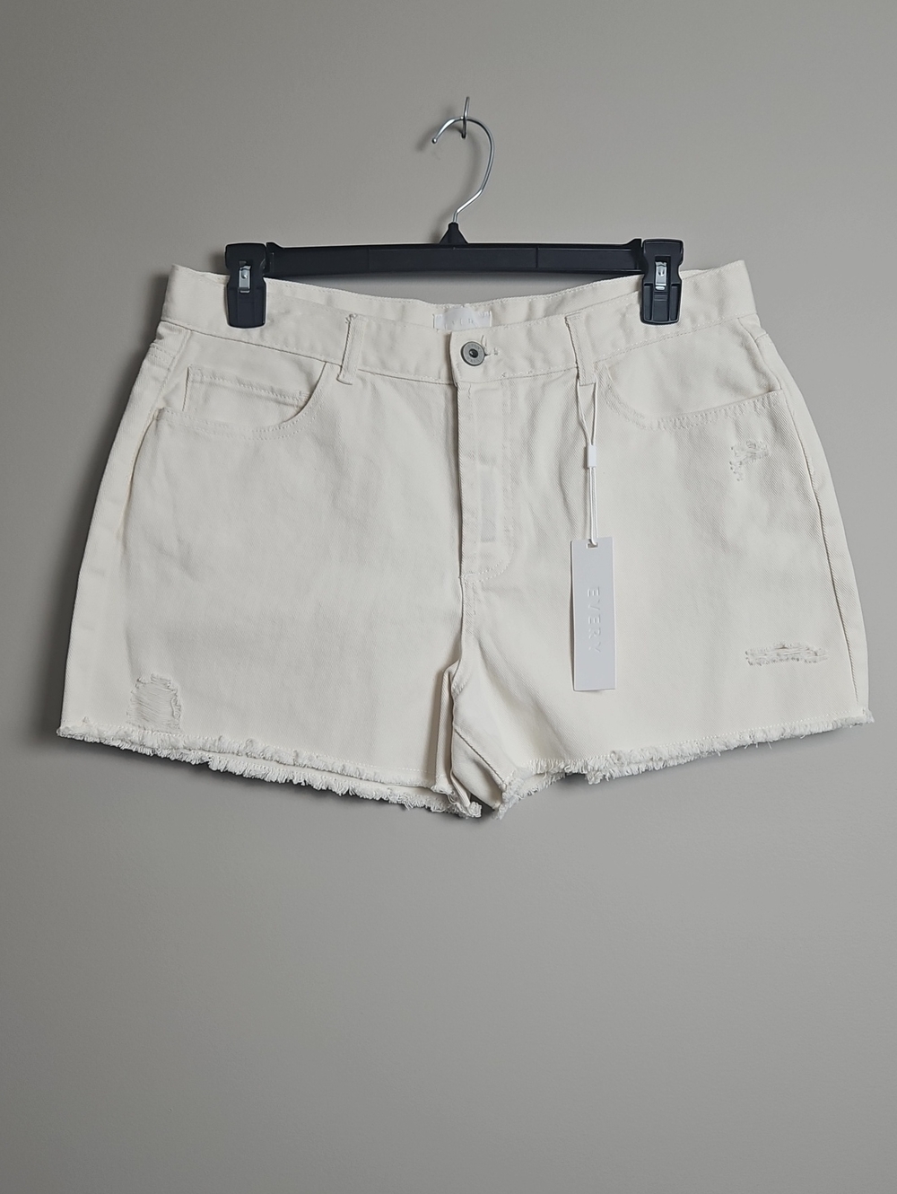 Every Raw Hem Distressed Button Front Denim Shorts:Color-Off White/Cream:Size-14